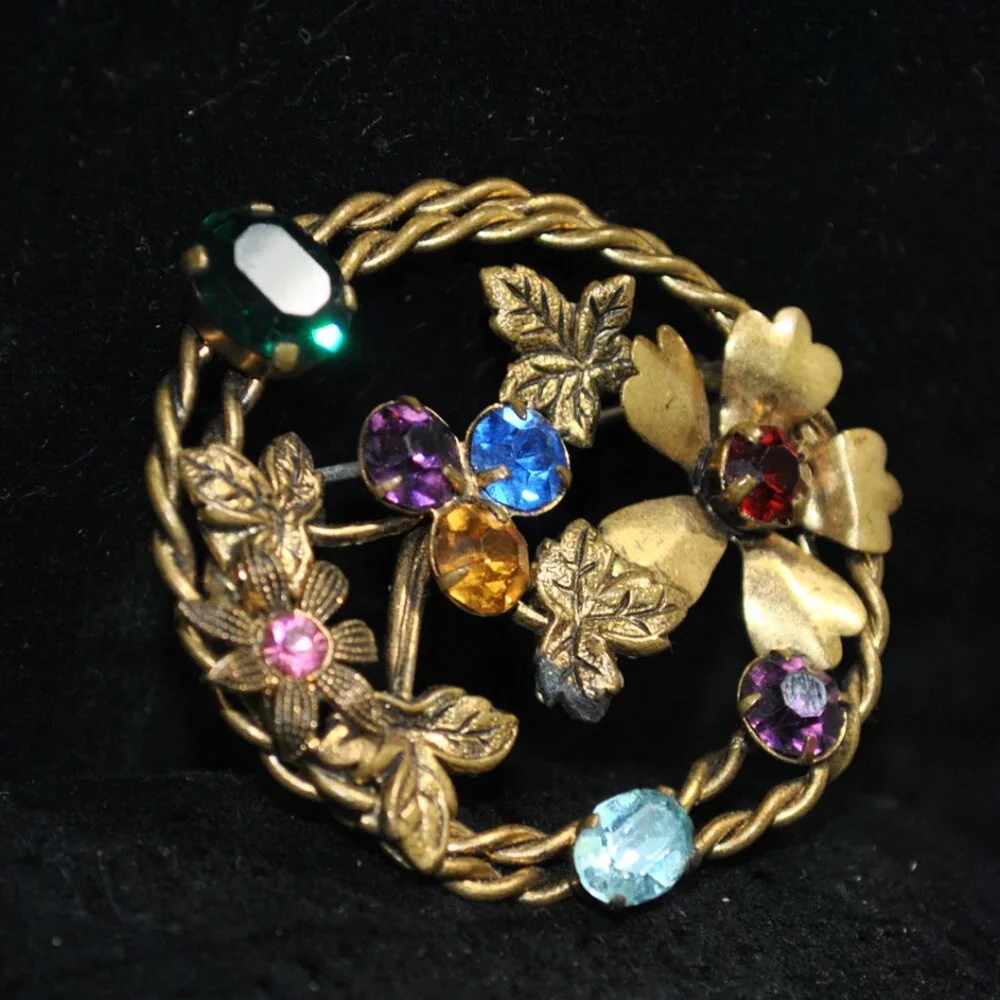 Vintage Floral Brooch with Multicolor Glass Z Made in Austria